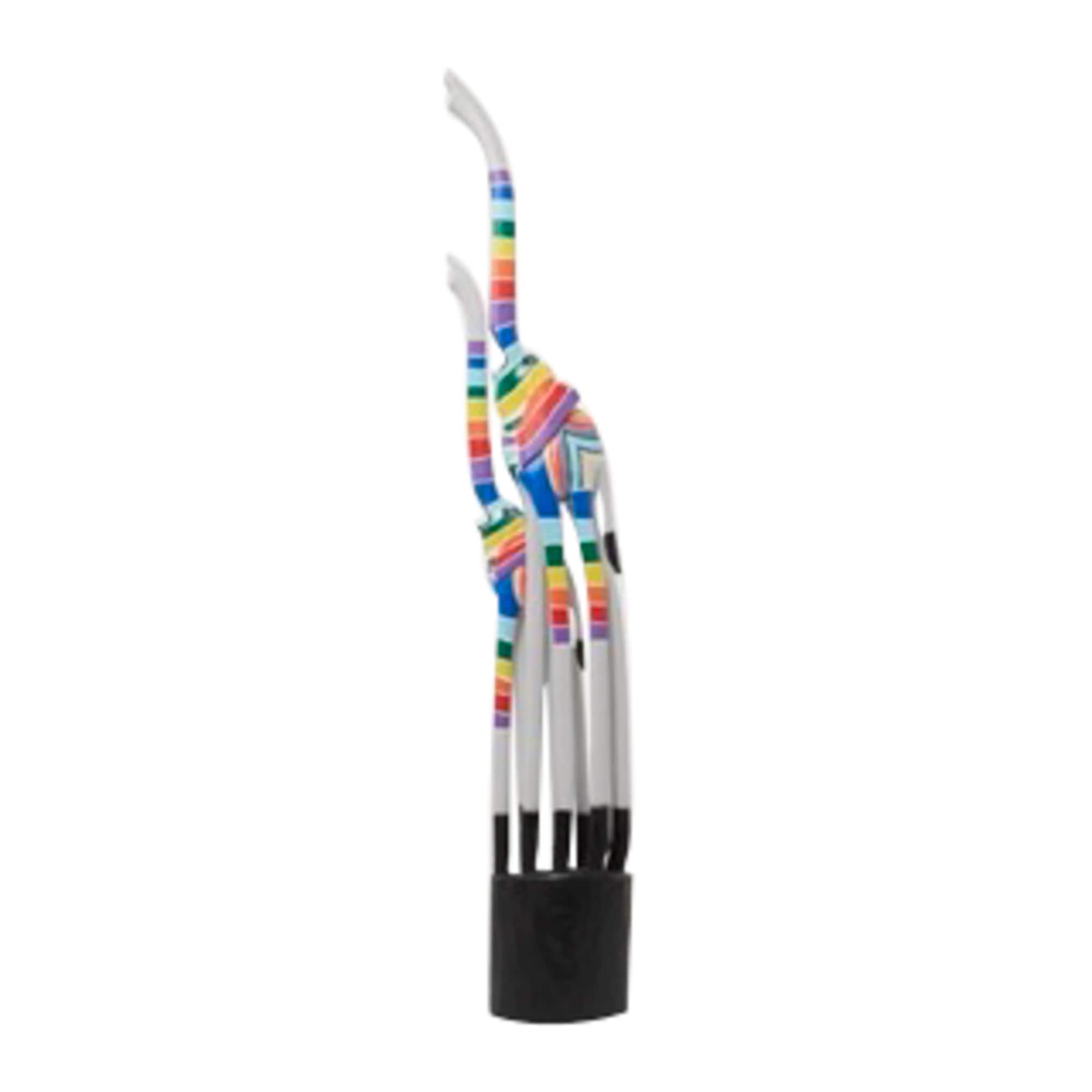 5ft. Multicolor Wood Handmade Striped Giraffe Sculpture with Black Pedestal Base